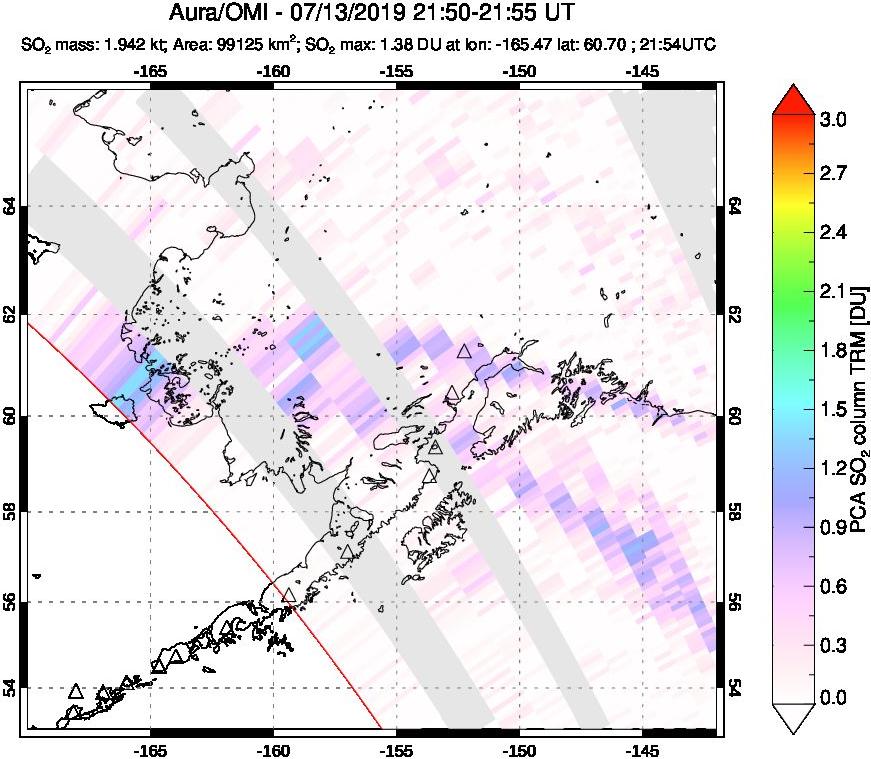 A sulfur dioxide image over Alaska, USA on Jul 13, 2019.