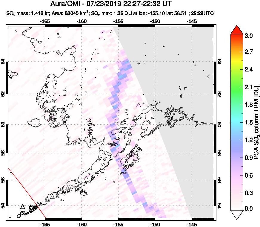 A sulfur dioxide image over Alaska, USA on Jul 23, 2019.