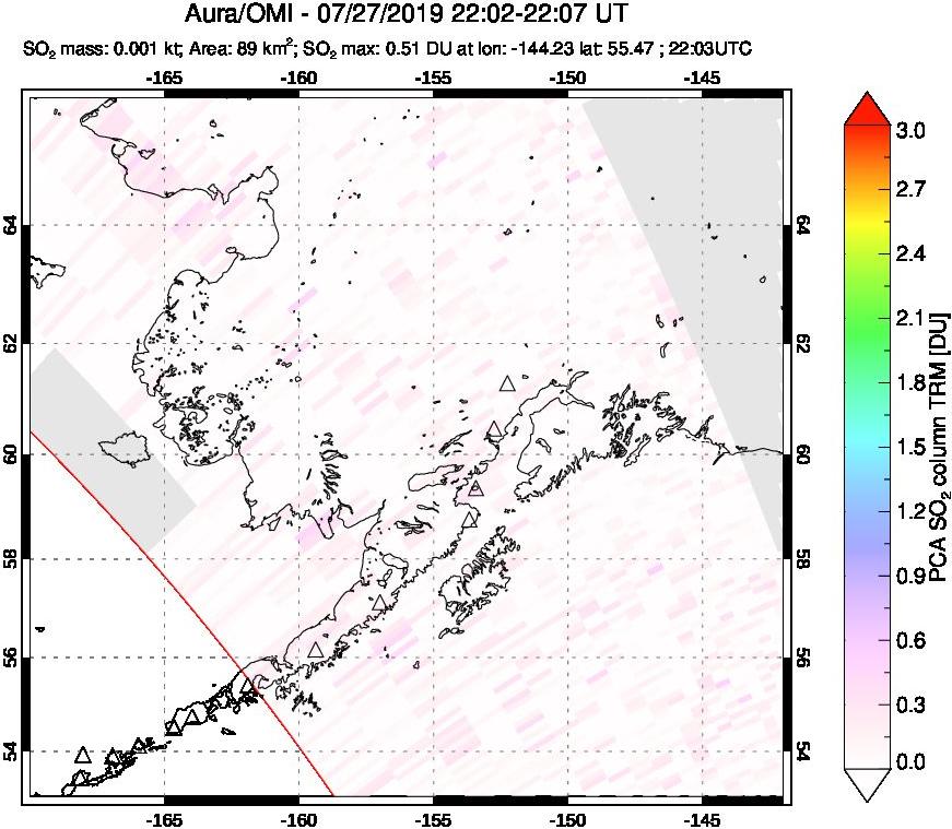 A sulfur dioxide image over Alaska, USA on Jul 27, 2019.