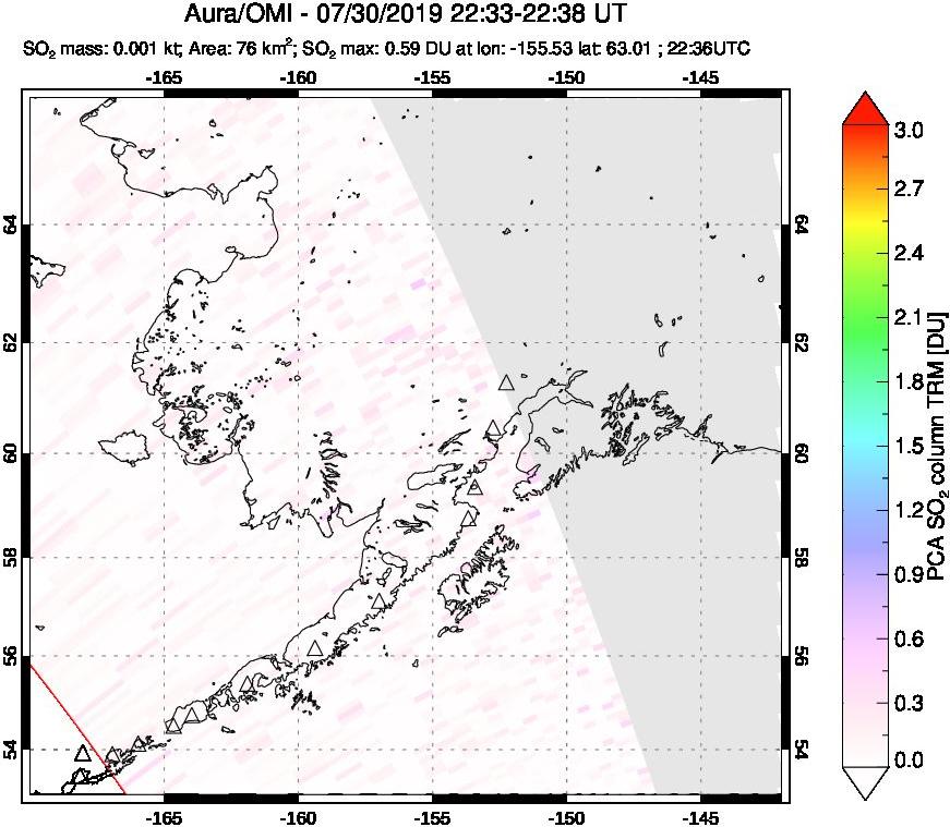 A sulfur dioxide image over Alaska, USA on Jul 30, 2019.