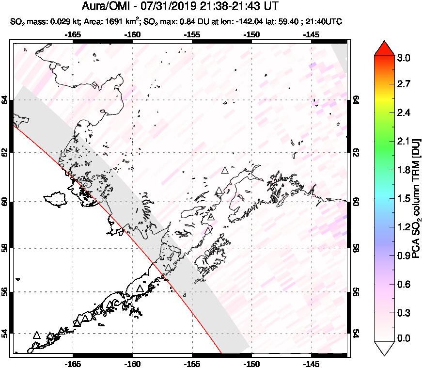 A sulfur dioxide image over Alaska, USA on Jul 31, 2019.