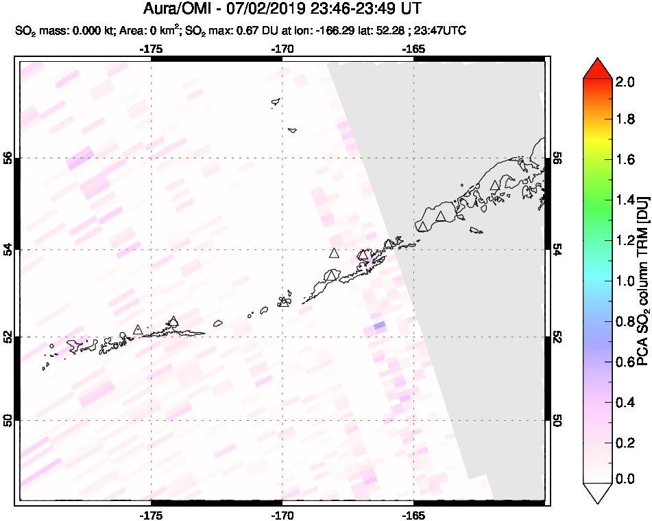 A sulfur dioxide image over Aleutian Islands, Alaska, USA on Jul 02, 2019.
