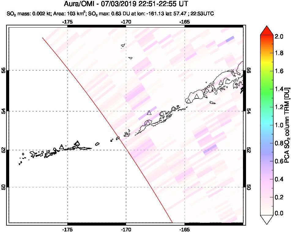 A sulfur dioxide image over Aleutian Islands, Alaska, USA on Jul 03, 2019.