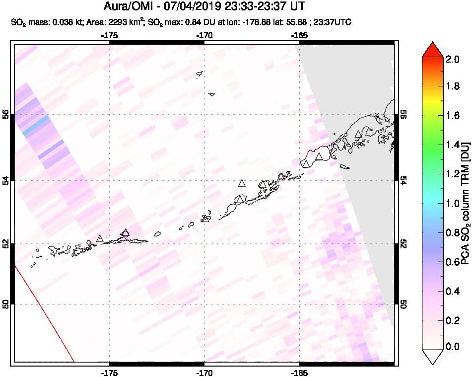 A sulfur dioxide image over Aleutian Islands, Alaska, USA on Jul 04, 2019.
