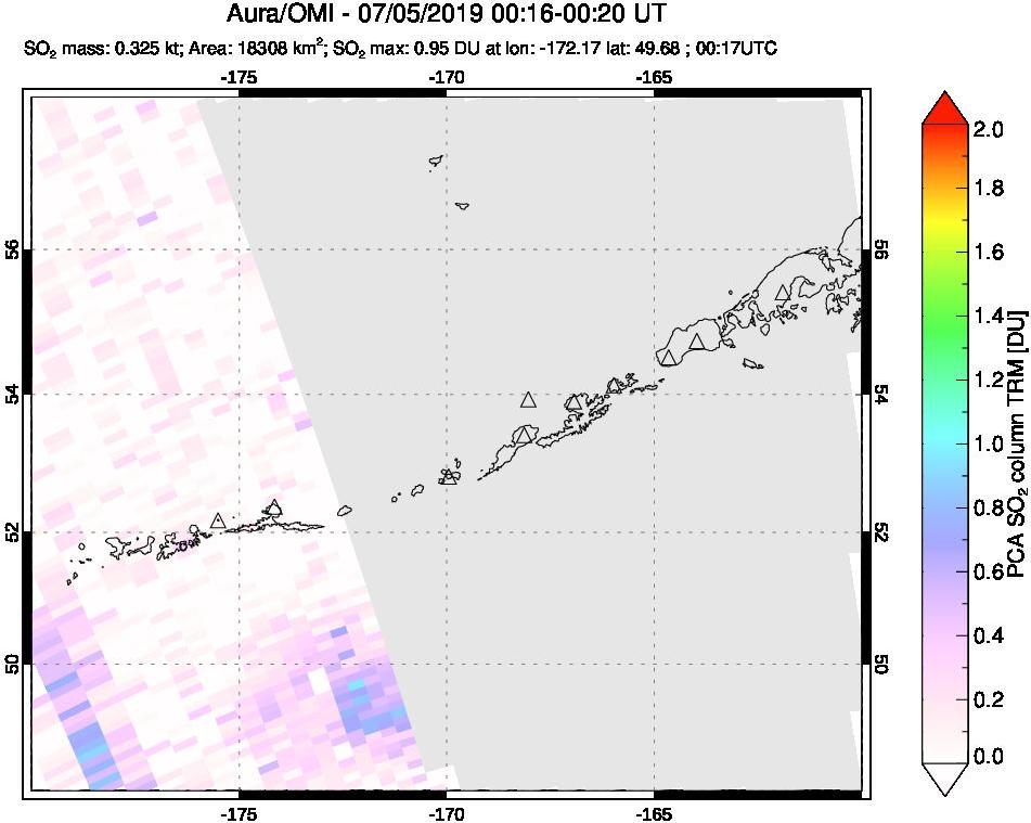 A sulfur dioxide image over Aleutian Islands, Alaska, USA on Jul 05, 2019.