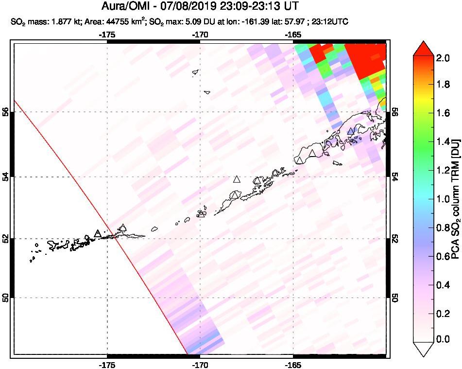 A sulfur dioxide image over Aleutian Islands, Alaska, USA on Jul 08, 2019.