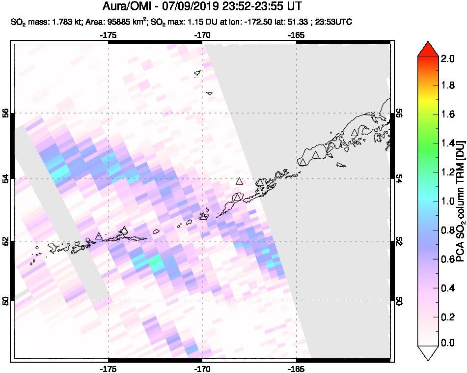 A sulfur dioxide image over Aleutian Islands, Alaska, USA on Jul 09, 2019.