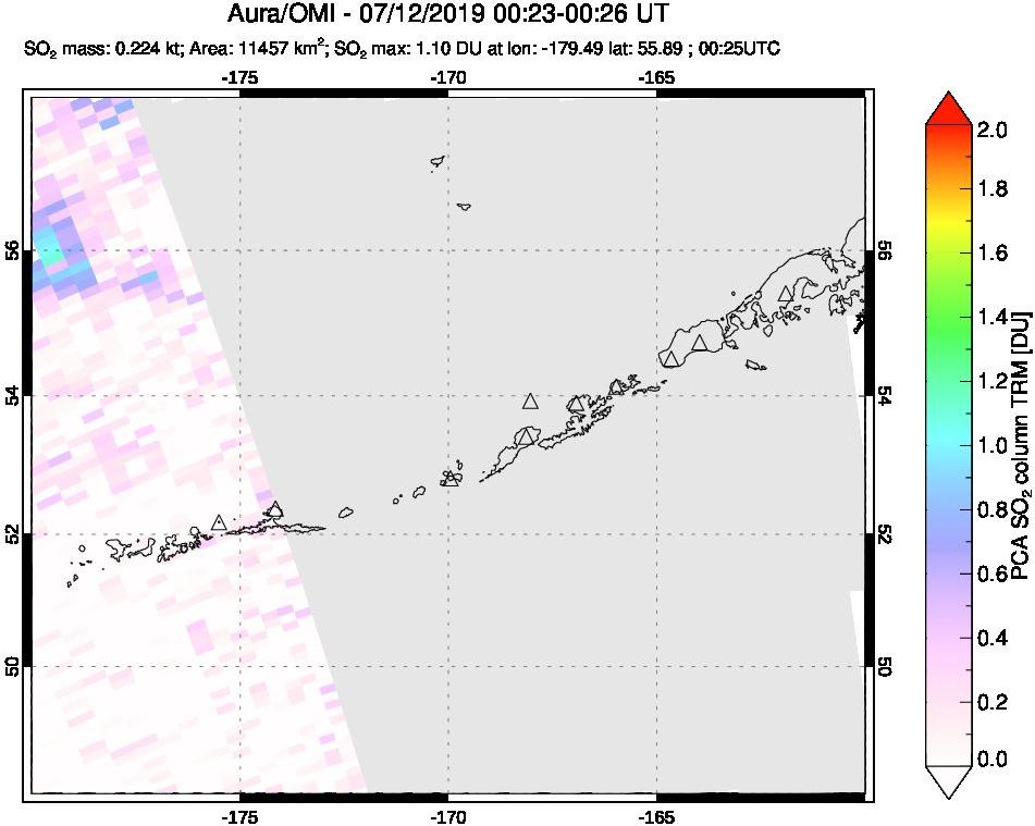 A sulfur dioxide image over Aleutian Islands, Alaska, USA on Jul 12, 2019.