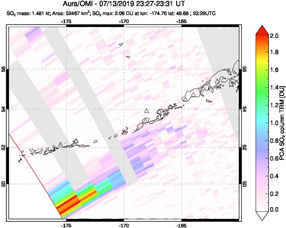 A sulfur dioxide image over Aleutian Islands, Alaska, USA on Jul 13, 2019.