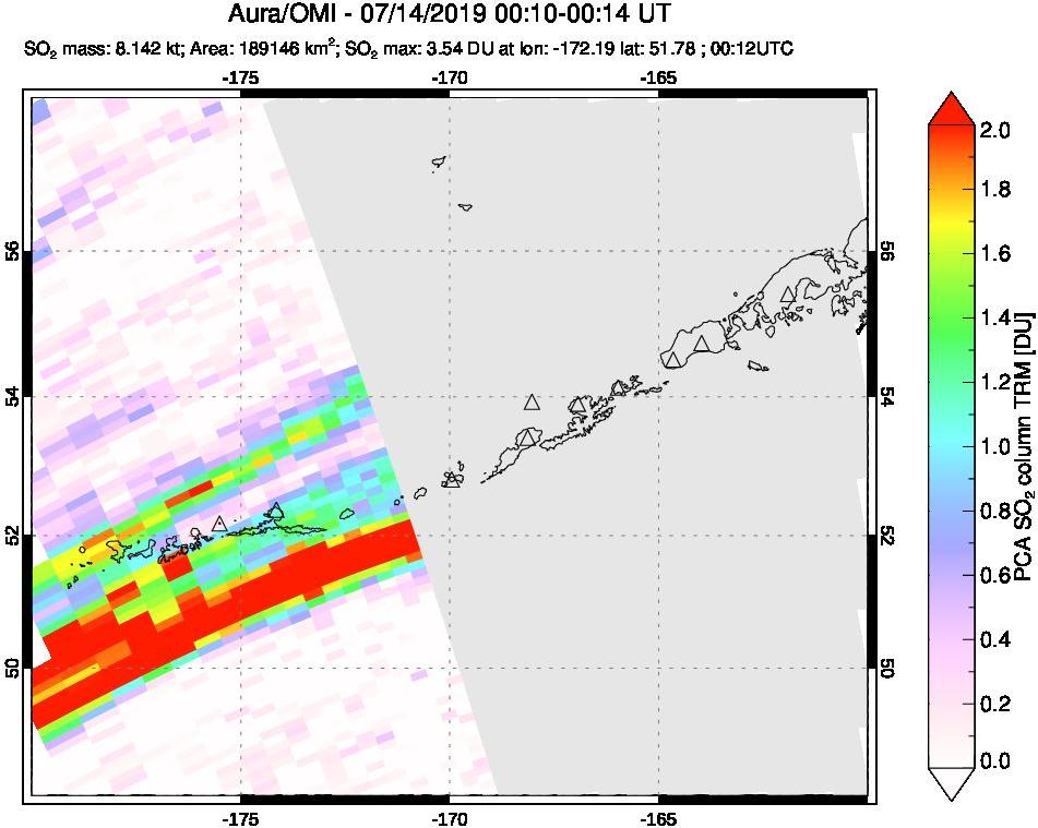 A sulfur dioxide image over Aleutian Islands, Alaska, USA on Jul 14, 2019.