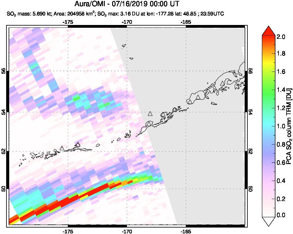A sulfur dioxide image over Aleutian Islands, Alaska, USA on Jul 16, 2019.