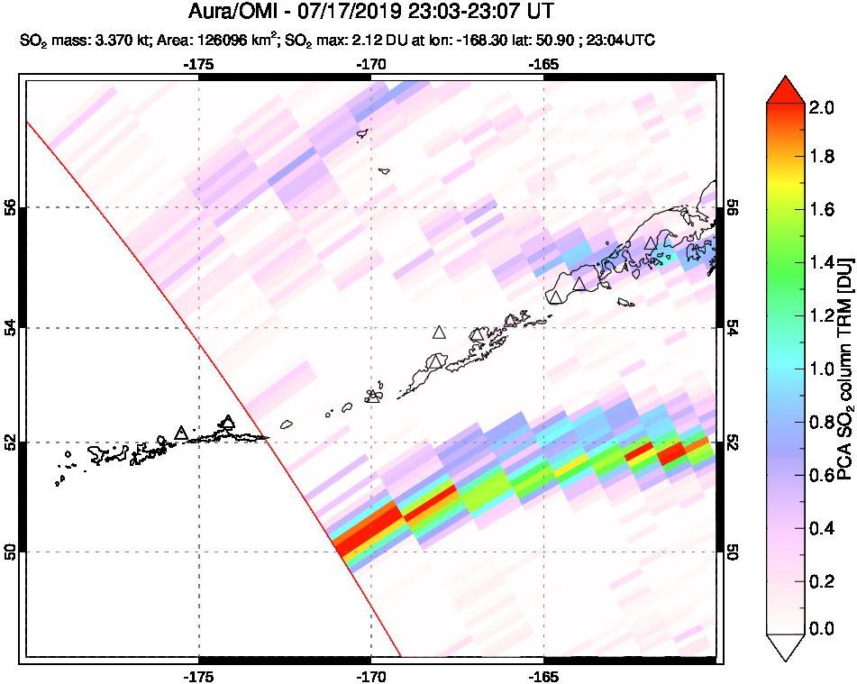 A sulfur dioxide image over Aleutian Islands, Alaska, USA on Jul 17, 2019.