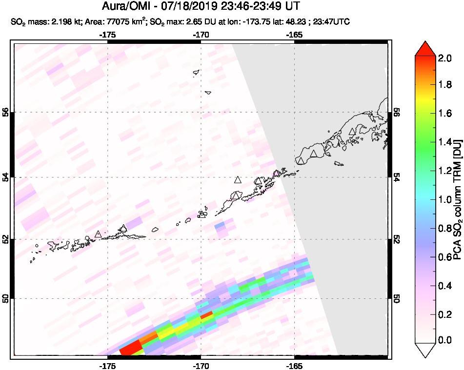 A sulfur dioxide image over Aleutian Islands, Alaska, USA on Jul 18, 2019.