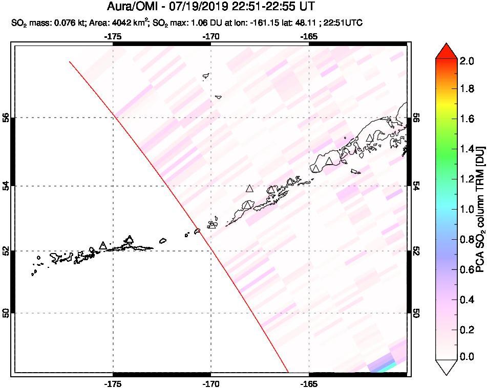 A sulfur dioxide image over Aleutian Islands, Alaska, USA on Jul 19, 2019.