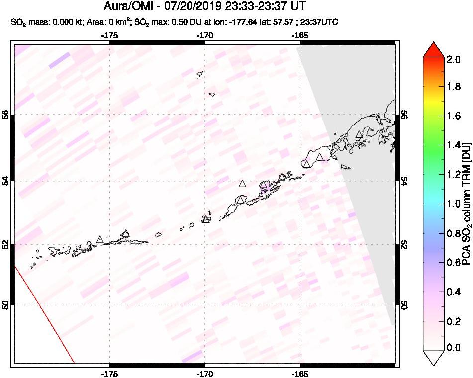 A sulfur dioxide image over Aleutian Islands, Alaska, USA on Jul 20, 2019.