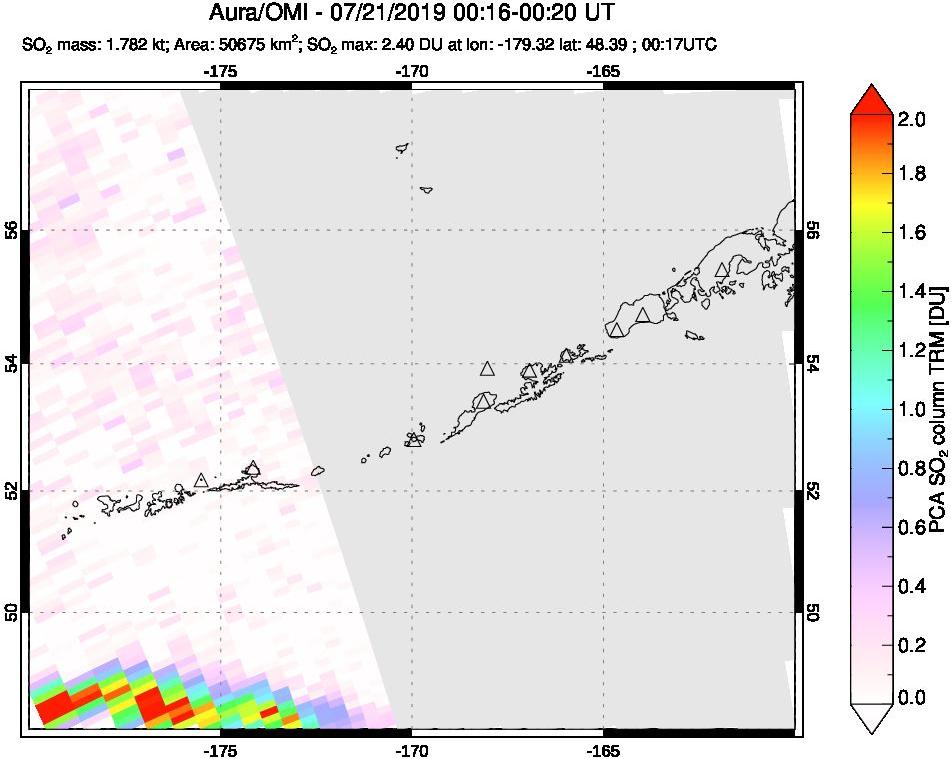 A sulfur dioxide image over Aleutian Islands, Alaska, USA on Jul 21, 2019.