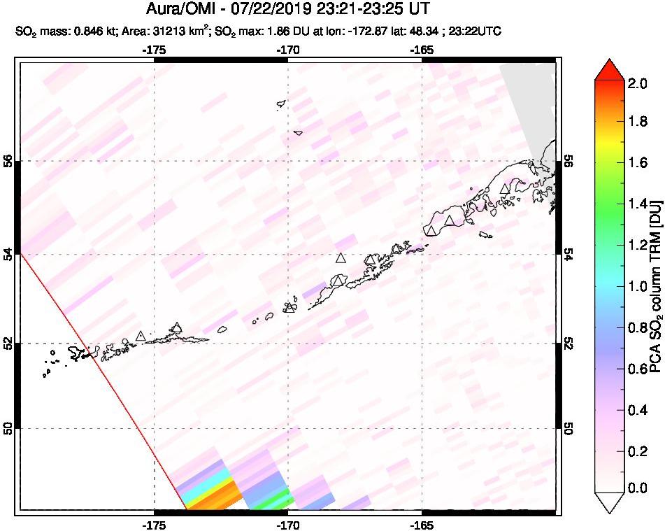 A sulfur dioxide image over Aleutian Islands, Alaska, USA on Jul 22, 2019.