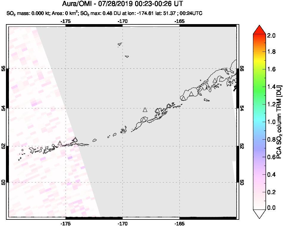 A sulfur dioxide image over Aleutian Islands, Alaska, USA on Jul 28, 2019.