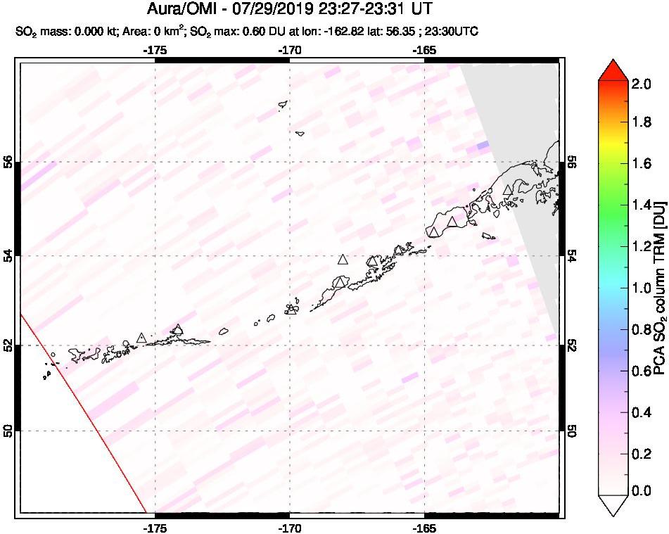 A sulfur dioxide image over Aleutian Islands, Alaska, USA on Jul 29, 2019.