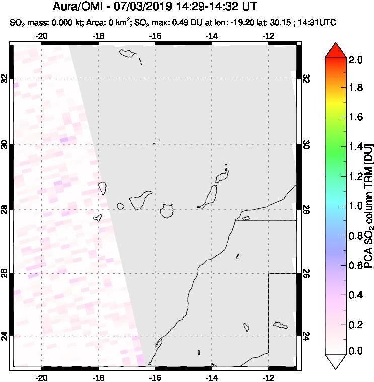 A sulfur dioxide image over Canary Islands on Jul 03, 2019.