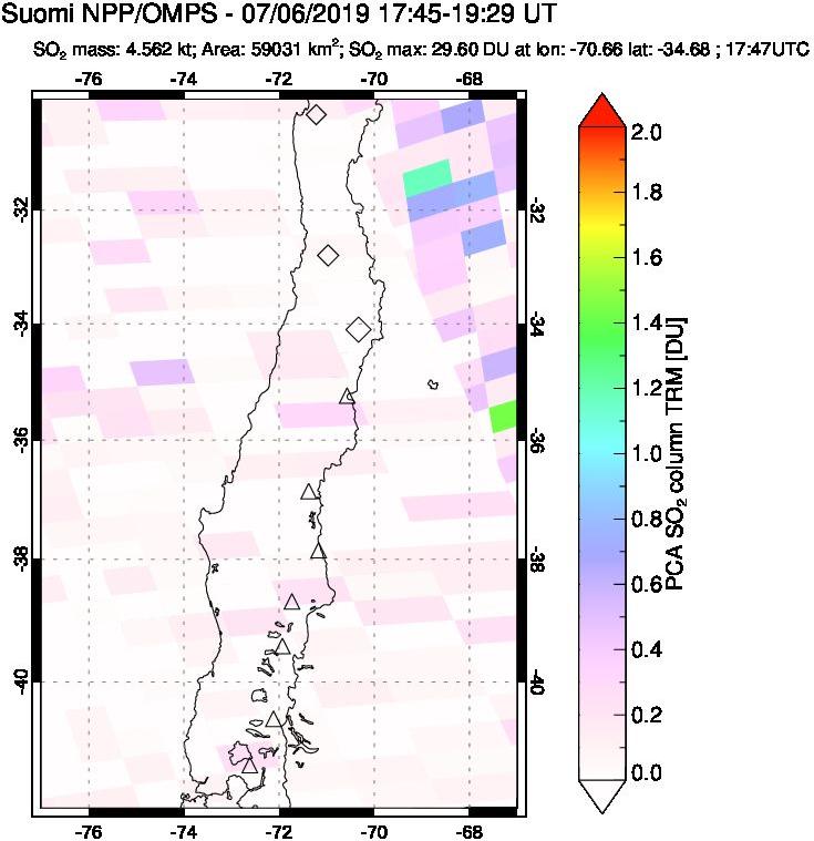 A sulfur dioxide image over Central Chile on Jul 06, 2019.