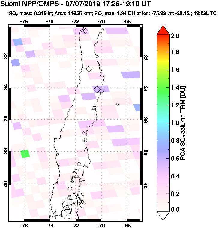 A sulfur dioxide image over Central Chile on Jul 07, 2019.