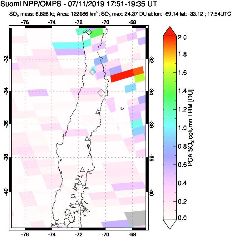 A sulfur dioxide image over Central Chile on Jul 11, 2019.