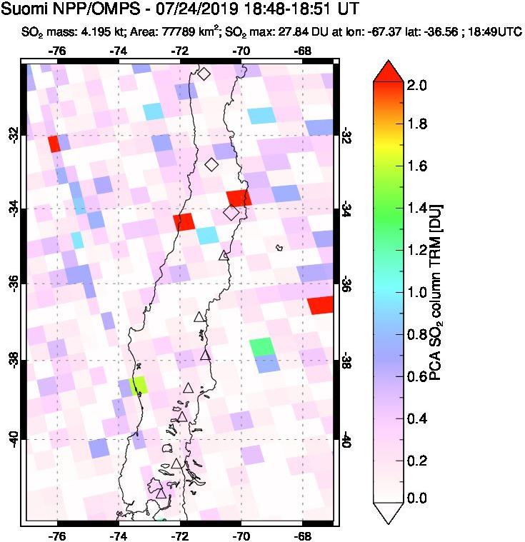 A sulfur dioxide image over Central Chile on Jul 24, 2019.