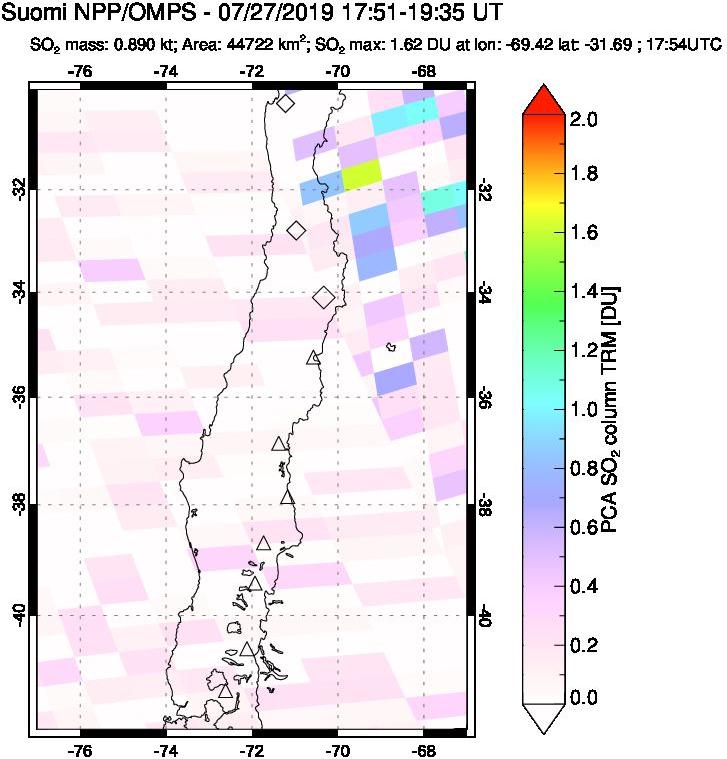 A sulfur dioxide image over Central Chile on Jul 27, 2019.