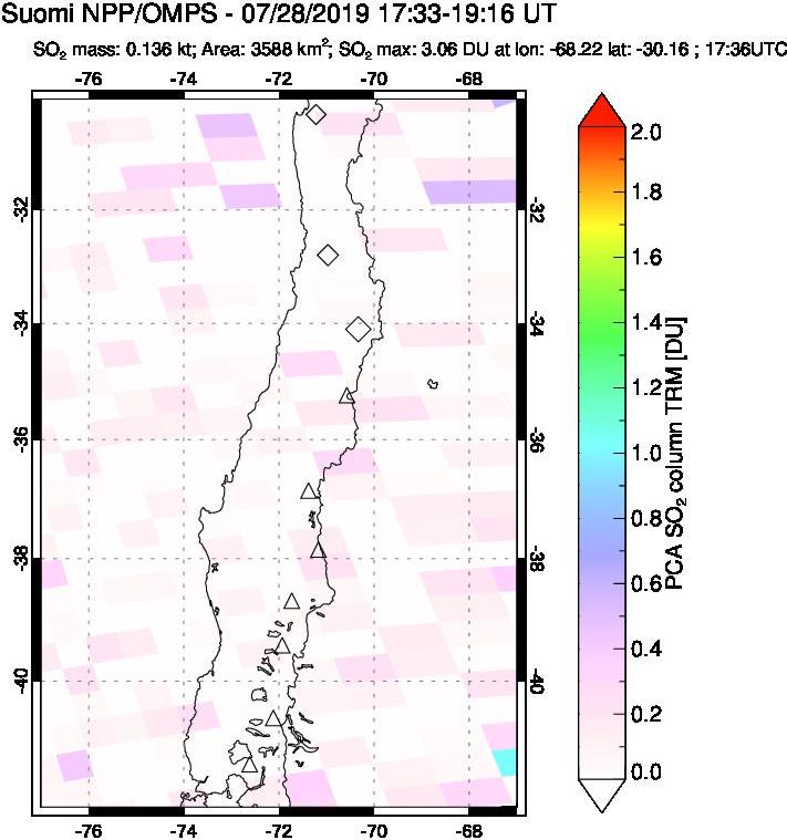 A sulfur dioxide image over Central Chile on Jul 28, 2019.