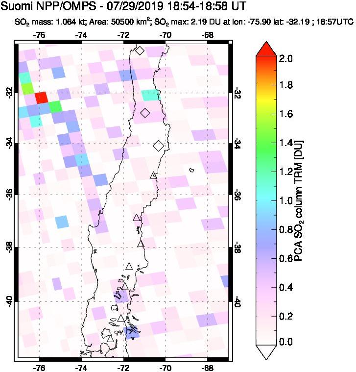 A sulfur dioxide image over Central Chile on Jul 29, 2019.
