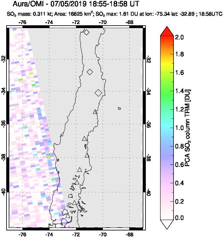 A sulfur dioxide image over Central Chile on Jul 05, 2019.