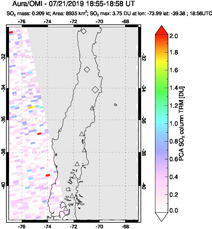 A sulfur dioxide image over Central Chile on Jul 21, 2019.