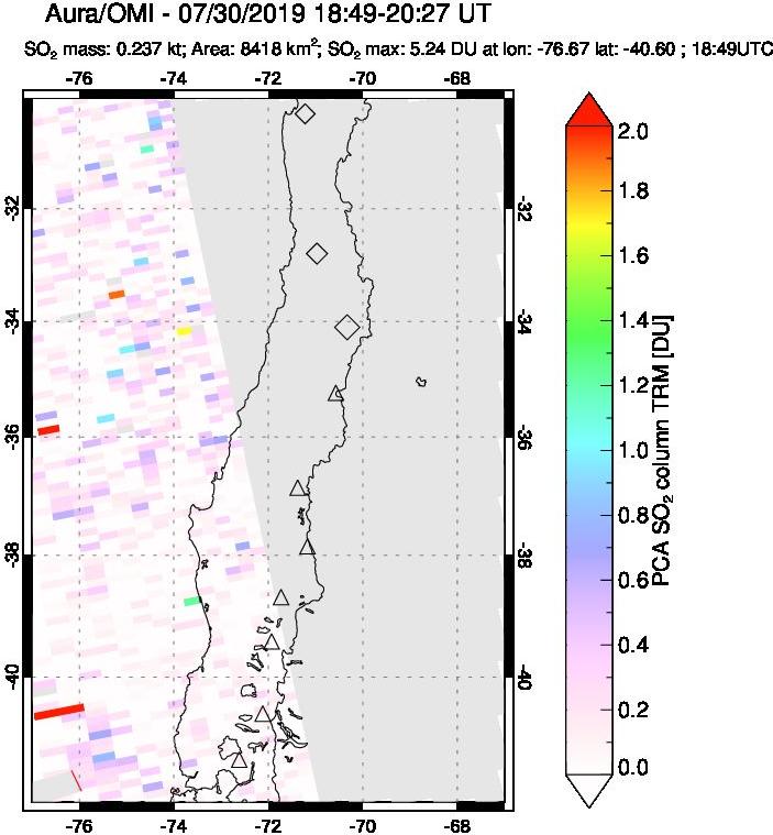 A sulfur dioxide image over Central Chile on Jul 30, 2019.