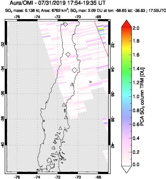 A sulfur dioxide image over Central Chile on Jul 31, 2019.