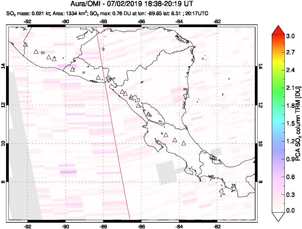 A sulfur dioxide image over Central America on Jul 02, 2019.