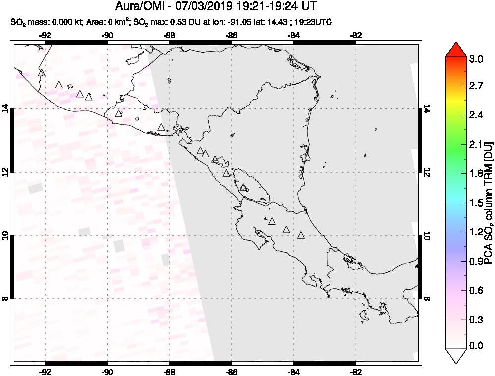 A sulfur dioxide image over Central America on Jul 03, 2019.