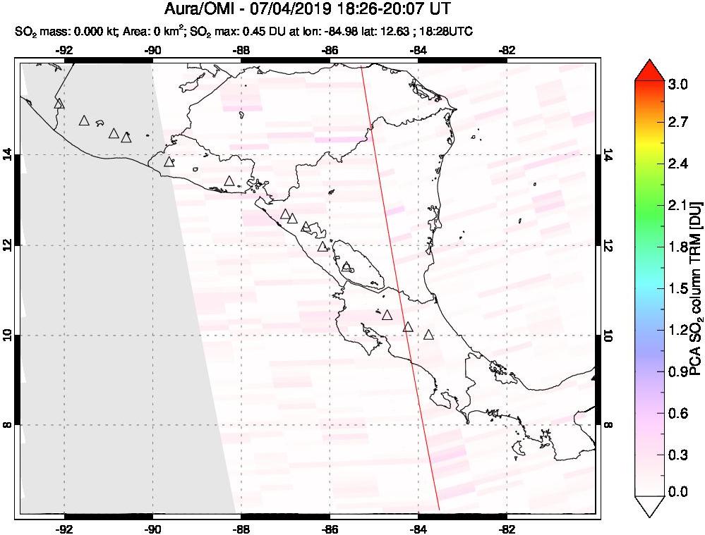 A sulfur dioxide image over Central America on Jul 04, 2019.