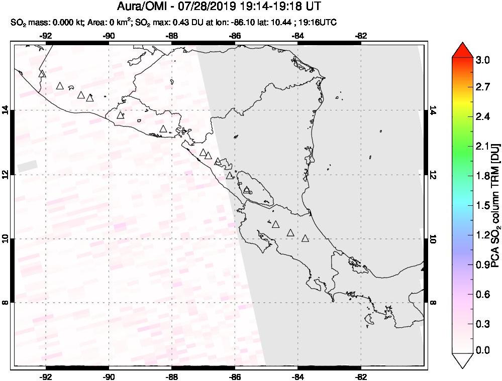 A sulfur dioxide image over Central America on Jul 28, 2019.
