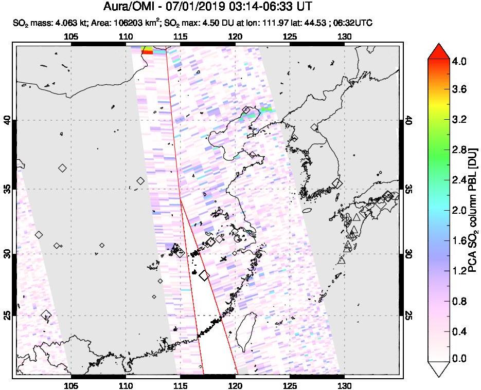 A sulfur dioxide image over Eastern China on Jul 01, 2019.