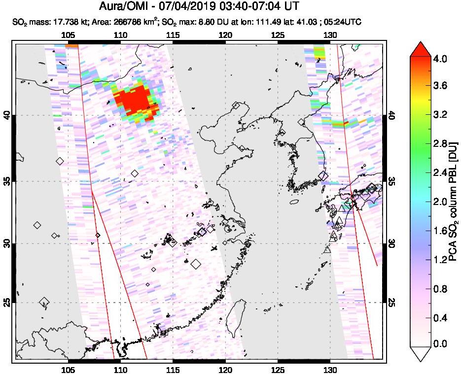 A sulfur dioxide image over Eastern China on Jul 04, 2019.