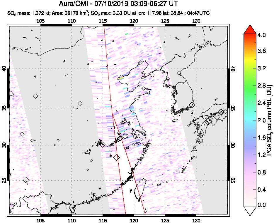 A sulfur dioxide image over Eastern China on Jul 10, 2019.