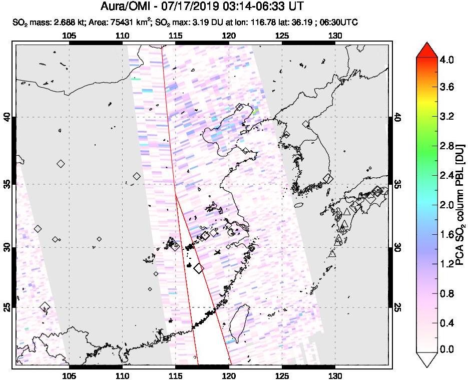 A sulfur dioxide image over Eastern China on Jul 17, 2019.