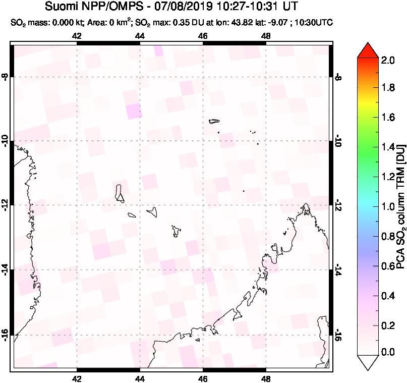 A sulfur dioxide image over Comoro Islands on Jul 08, 2019.