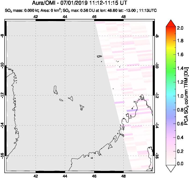 A sulfur dioxide image over Comoro Islands on Jul 01, 2019.