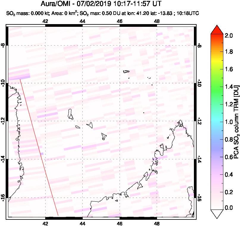 A sulfur dioxide image over Comoro Islands on Jul 02, 2019.