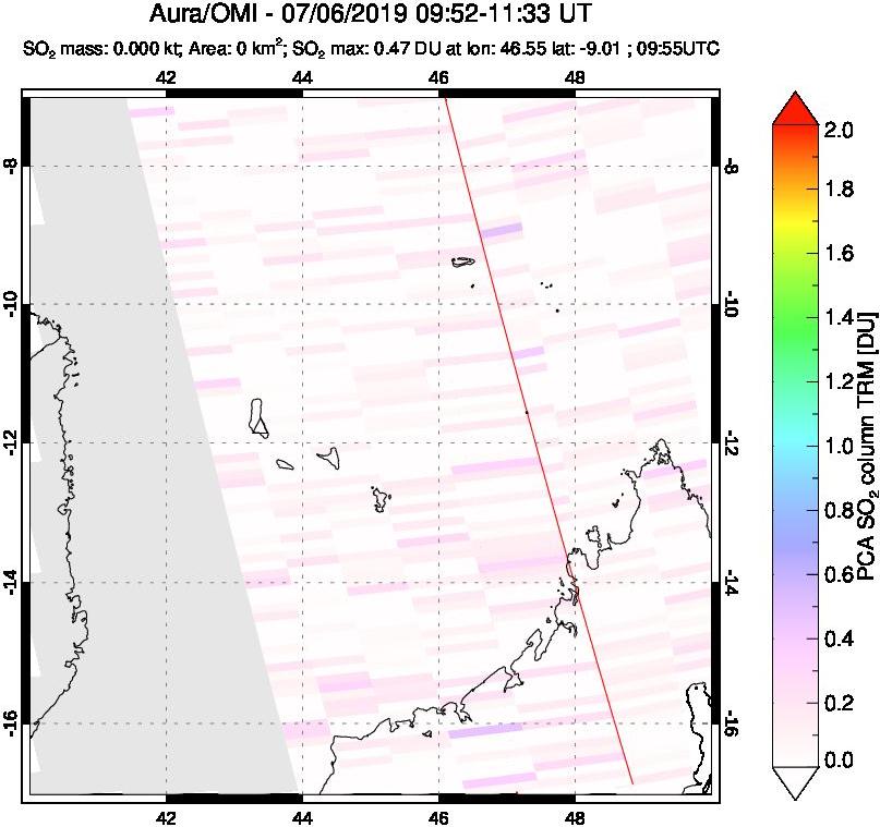 A sulfur dioxide image over Comoro Islands on Jul 06, 2019.