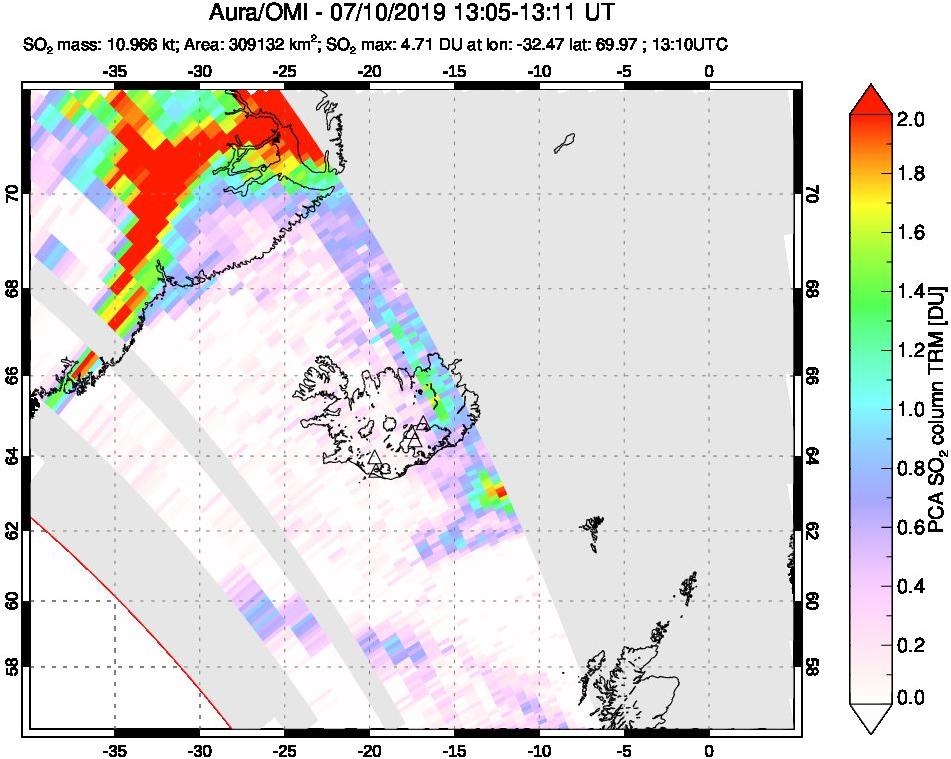 A sulfur dioxide image over Iceland on Jul 10, 2019.
