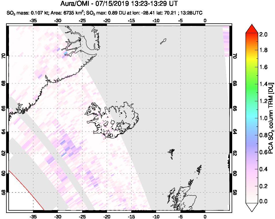A sulfur dioxide image over Iceland on Jul 15, 2019.