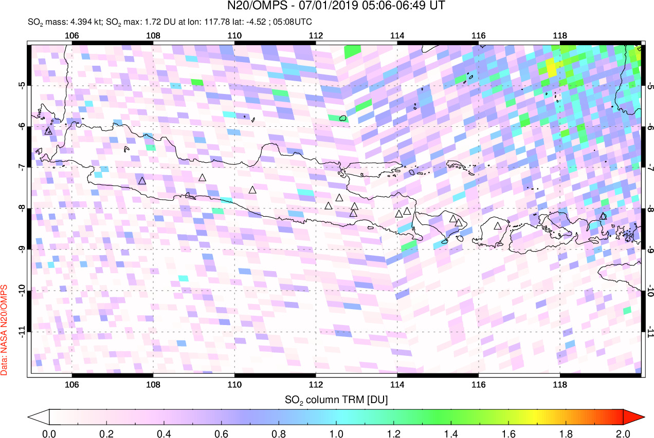 A sulfur dioxide image over Java, Indonesia on Jul 01, 2019.